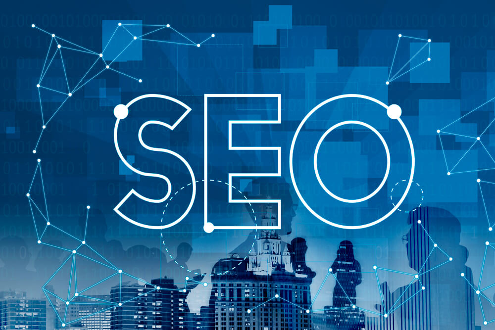 SEO escrito em um fundo azul futurístico, representando como melhorar o seo de um site